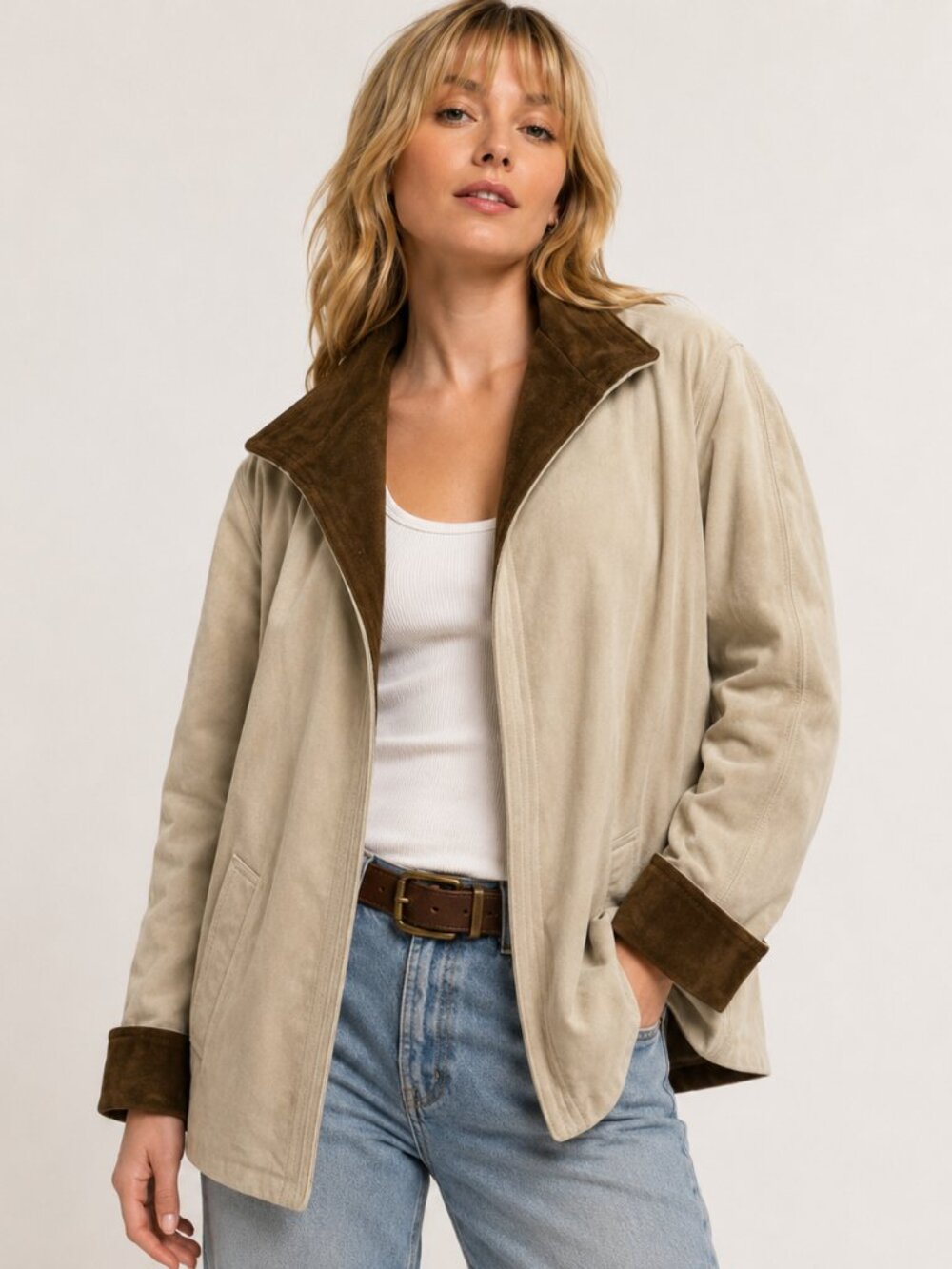 Vintage 80s JORDACHE Suede Leather Beige Jacket XS/S